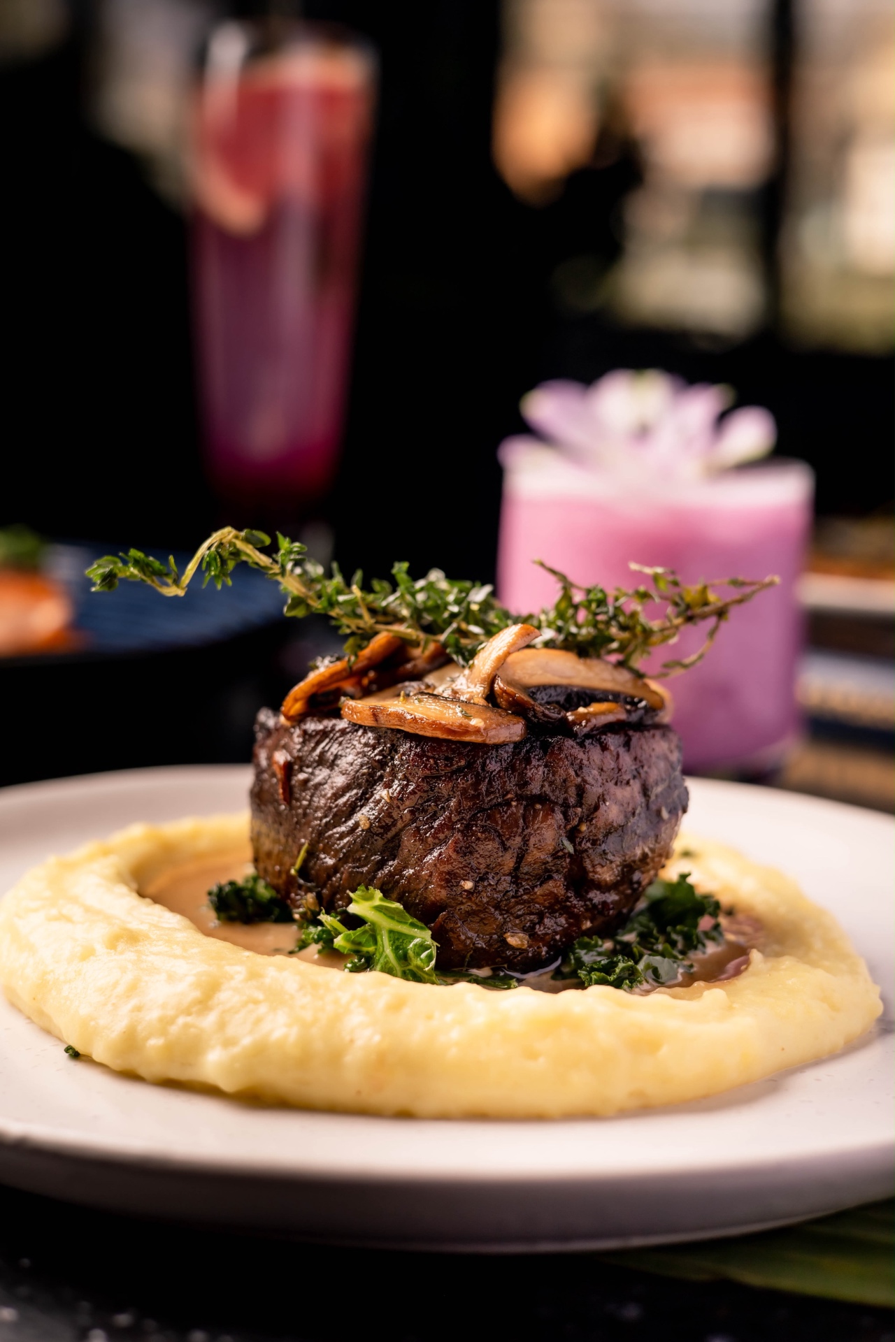 Seared filet with mushrooms and creamy potatoes at Aruna