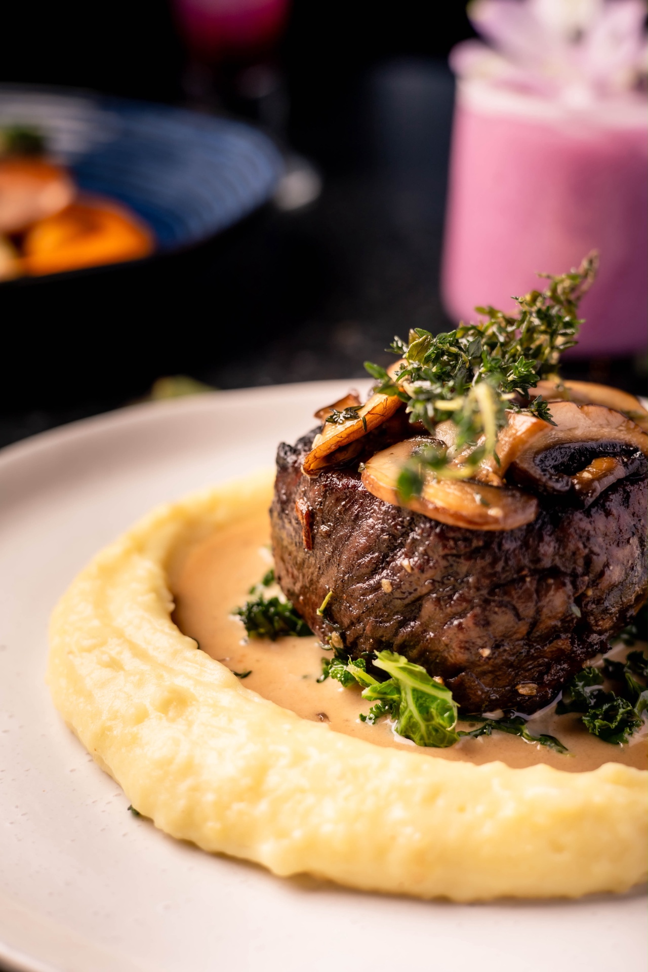Seared filet with mushrooms, herbs and creamy potatoes