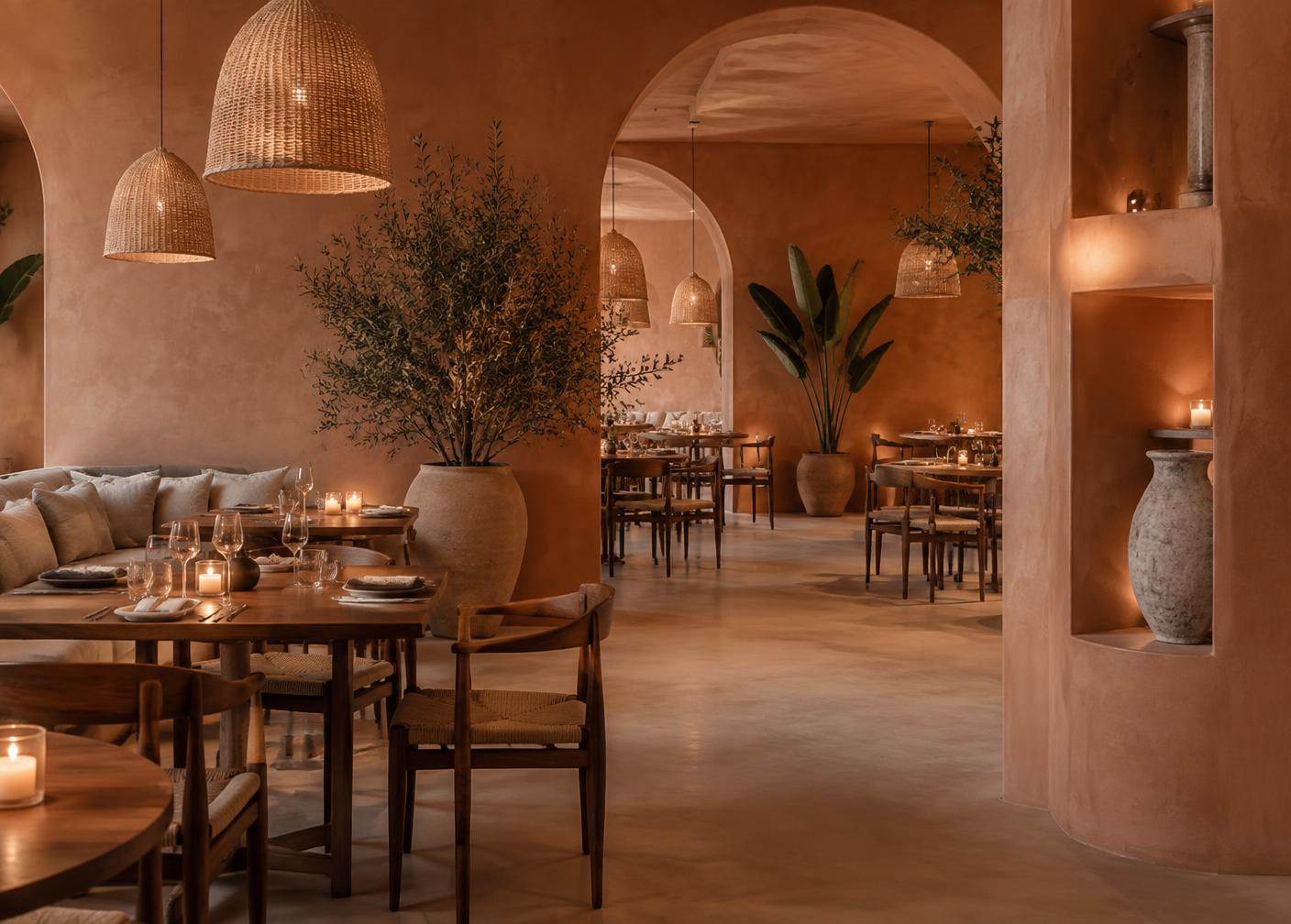 Warm terracotta dining room with woven pendant lamps and candlelight